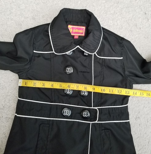 Dollhouse Trench Coat Girls M (5 /6) Black with White Piping Double Breasted - Picture 7 of 12