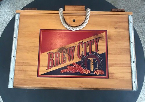 "BREW CITY" Wood Crate w/ Styrofoam Cooler Box Ice Chest Inside & Rope Handles - Picture 8 of 12