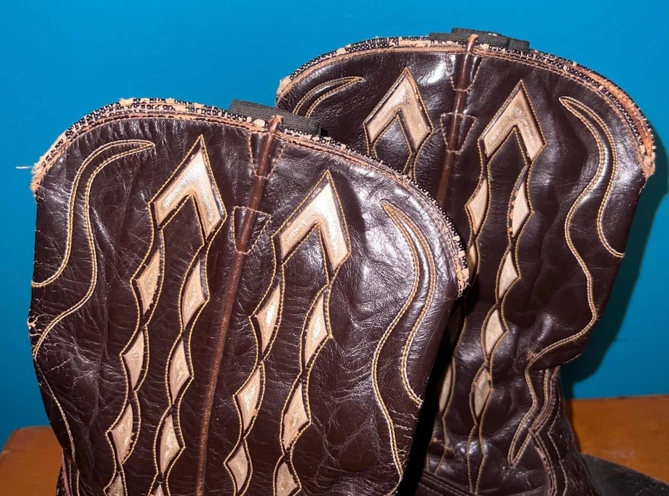 Botas de Vaquero ACME Con Incrustaciones Años 50 De Colección 7.5 D Marrón con Incrustación Blanca Hombres Exóticas Foto 3 de 4