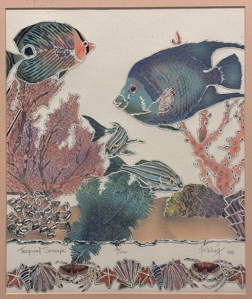 Impresión artística original firmada edición limitada “paisaje marino tropical”, Fehling, regalos raros Foto 2 de 4