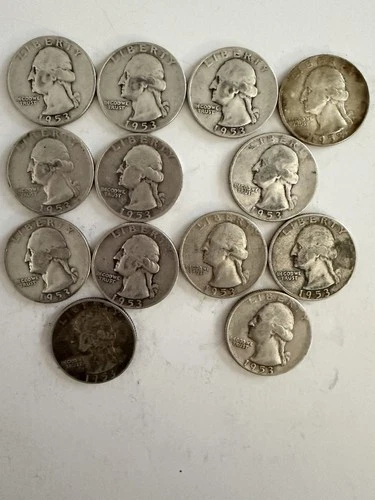 1953 D/S  Washington Quarters Lot Of 13 Coins: 90% Silver Ungraded Circulated