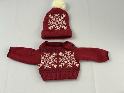 Vintage 1996 Fibre Craft Doll Christmas Knit Sweater Hat Set Red Snowflake
