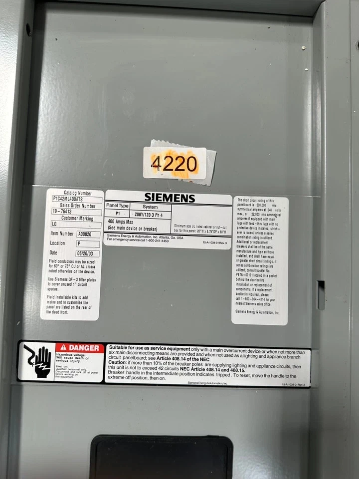 Siemens P1C42ML400ATS Main Lug Breaker Panel Board 400A 208/120V 3PH 4W - Image 2 of 3