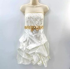 VINTAGE Gunne Sax Strapless Cocktail Dress Sz 1 White Gold Bow Hoco Y2K Coquette
