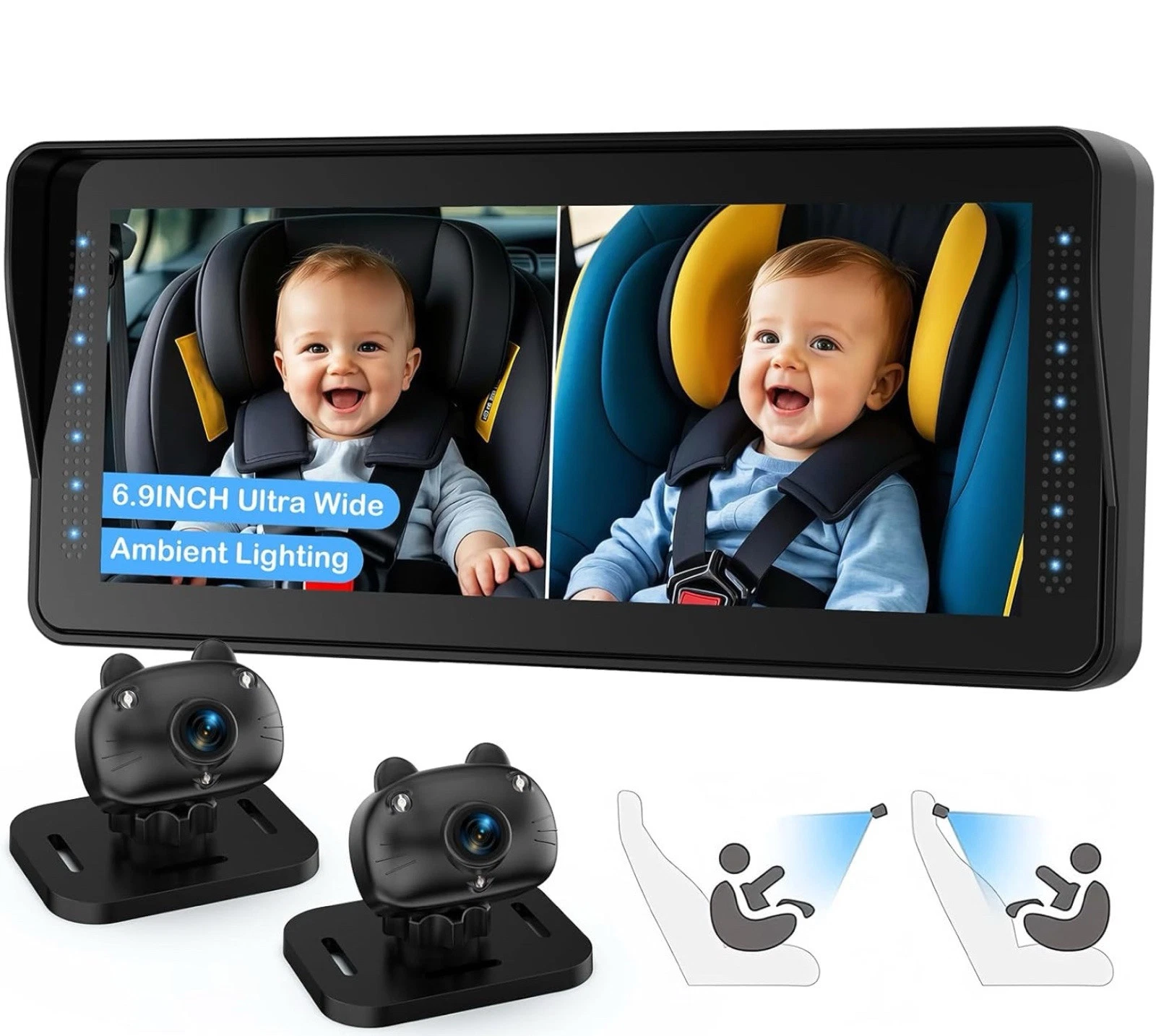 AMTIFO Dual Baby Car Camera Kit For 2 Kids-6.9” Split-Screen HD 1080p Display