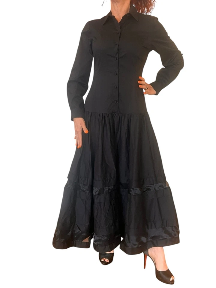 MILVA-MI ITALY SHIRT DRESS BLACK LONG SLEEVE MAXI ROLL TAB SLEEVE CUFF COTTON 40 - Image 4 of 4