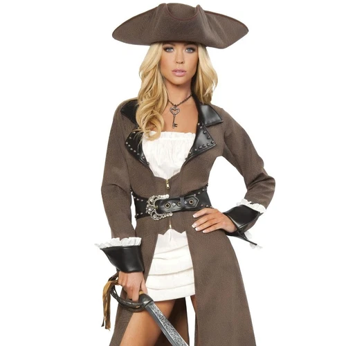 Pirate Costume Long Distressed Overcoat Jacket Ruffled Dress Hat Sword 4242 XL