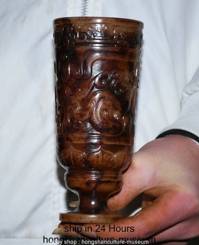 6.4" Old Chinese Jade Gilt Carving Dynasty Palace Pixiu Dragon Beast wine glass - Picture 5 of 9