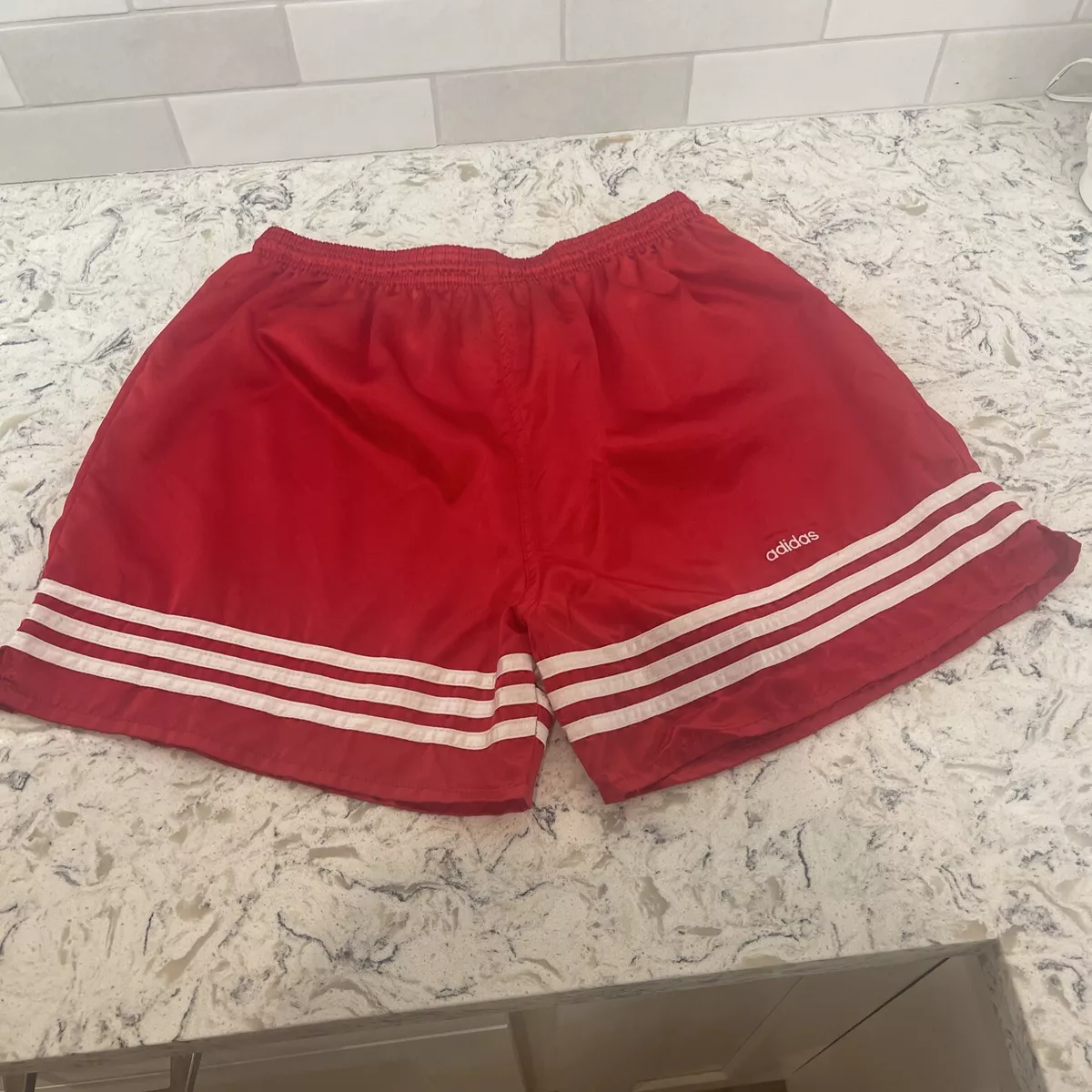 Vintage 90s Adidas Satin Soccer Shorts Silky Red White Mens Latge Made in USA