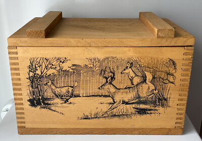 Vintage Dovetailed Deer Scene Powder Box Ammunition Box 