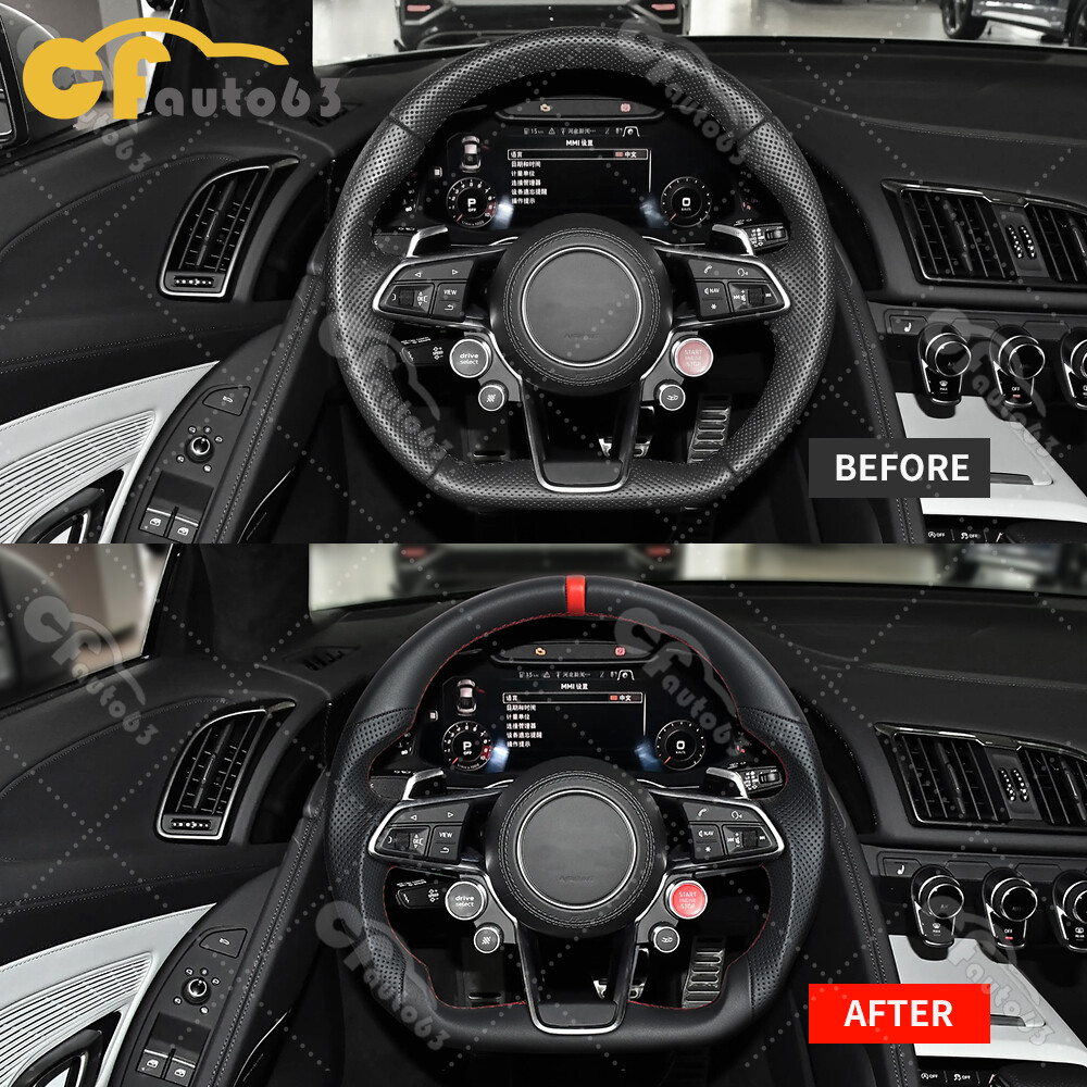 Black Leather Steering Wheel Red Stitching For Audi R8 TT TTS TTRS 2016-2023