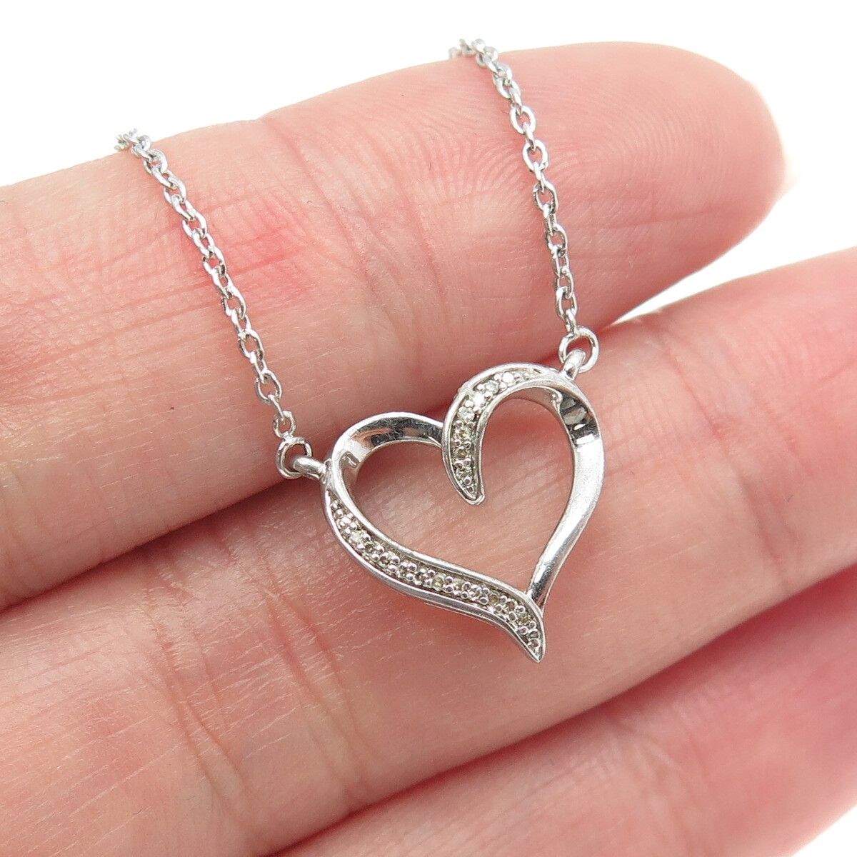 SUN 925 Sterling Silver Italy Real Round-Cut Diamond Heart Chain 