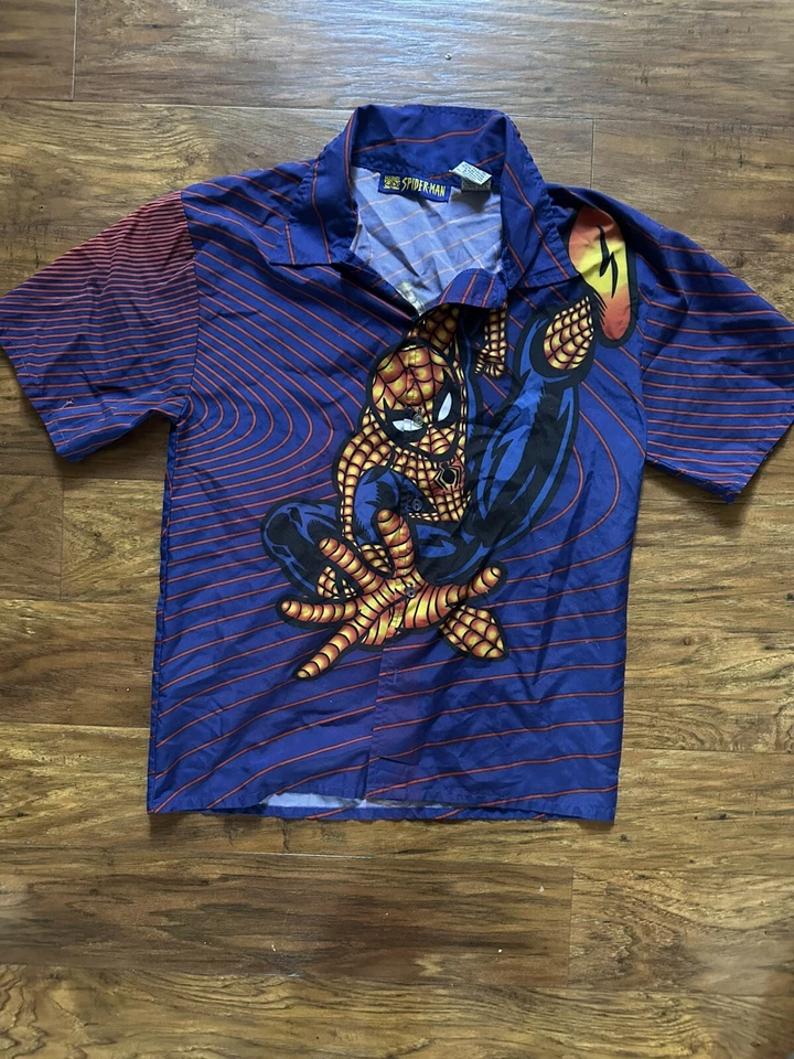 Vintage MARVEL KIDS SPIDER-MAN Button Up Shirt Size  14/16 Flaws Superhero Comic - Image 2 of 4