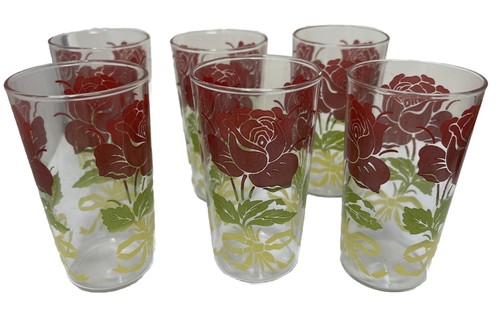 Vtg Red & Green Rose Flower Drinking Juice Glasses MCM Swanky Swig Set Of 6