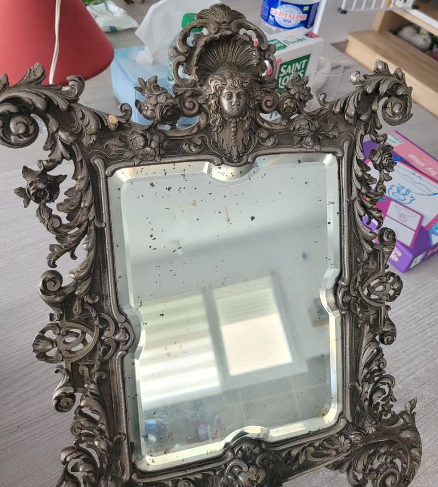 Antique miroir de table bronze argenté miroir biseauté au mercure XIXEME Bacchus - Photo 3/4