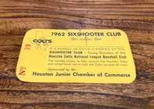 1962 Houston Colt .45s Baseball Youth Six Shooter Club Membership Card RARE
