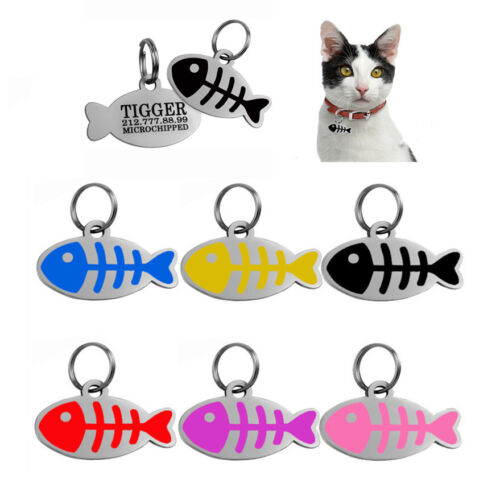 PET ID TAGS CAT Kitten Address/Name Disc ENGRAVED PERSONALISED Fish Tag - Picture 1 of 23