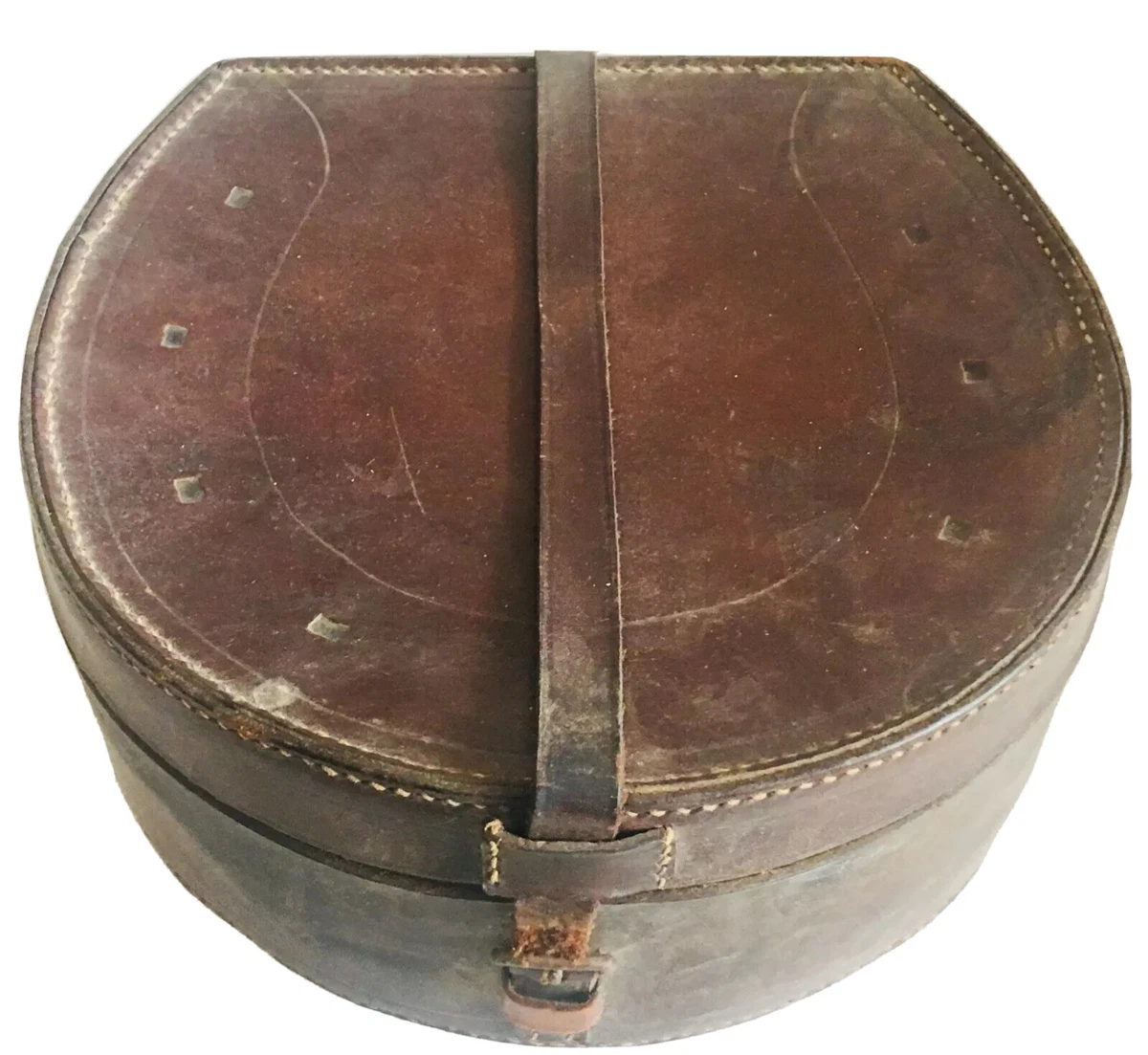 Antique Rare Travel Round Case Brown Hat Box Horseshoe w/Leather Rope &  Strap