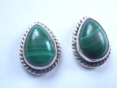 Malachite With Rope Style Accents 925 Sterling Silver Stud Earrings 