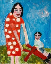 Mother & Son Naive Outsider Art Painting Acrylic Mixed Media Miz Katie