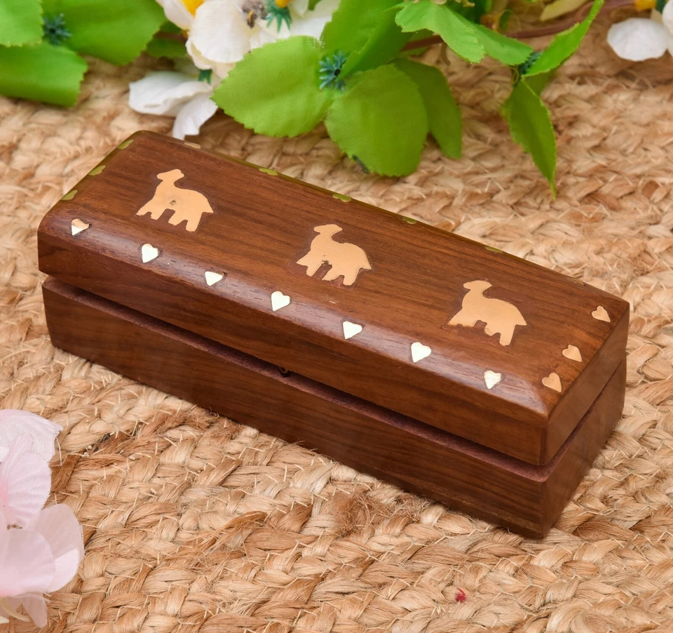 Handcrafted Wooden Brown Camel Print Brass Box Storage Jewelry Box - Image 3 of 4