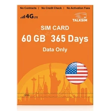 TalkSIM 60GB 365 Days Data SIM Card 4G/5G Prepaid Annual Plan for Travel Hotspot