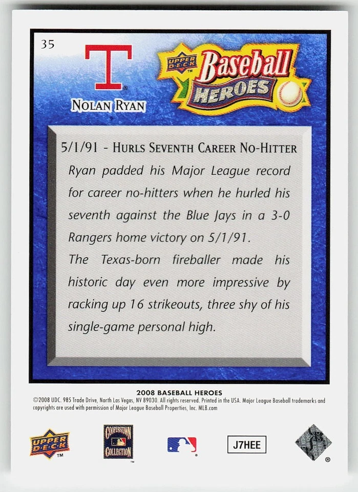 2008 Upper Deck Baseball Heroes No35 Нолан Райан БЕЙСБОЛ Texas Rangers - Изображение 2 из 2