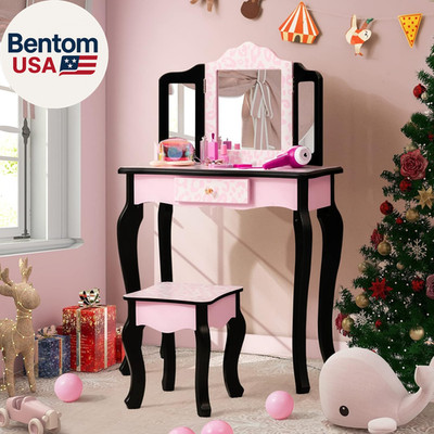Kids Vanity Table and Chair Set, Girls Vanity Set with Mirror and Stool, Storage