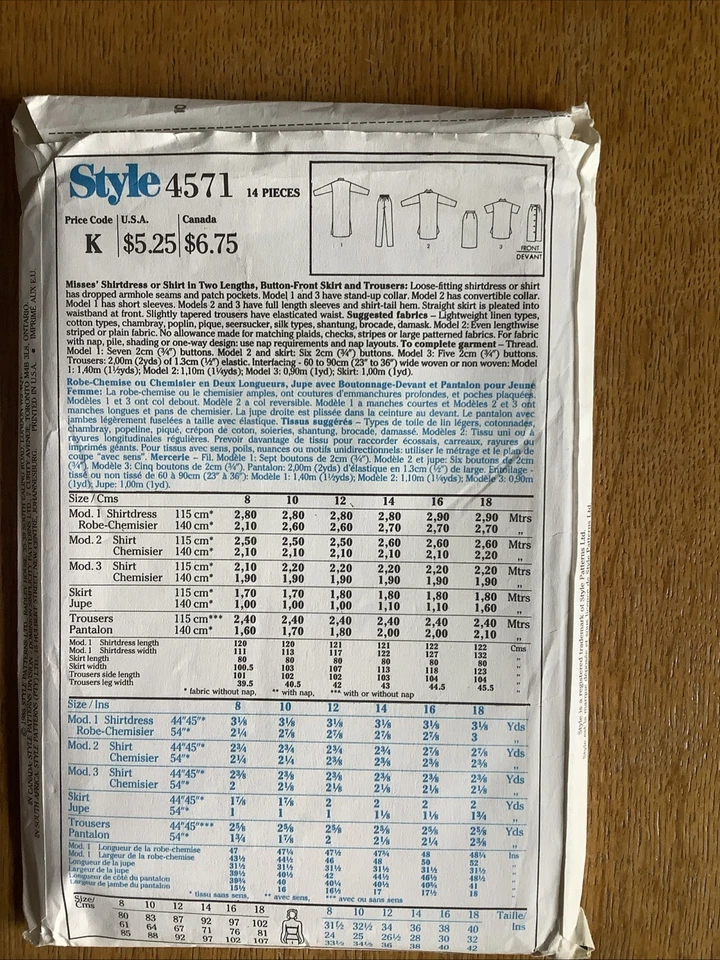 Style 4571 Dress Pattern For Shirt dress/Shirt /Trousers /Skirt Size 14-18 Uncut - Image 2 of 2