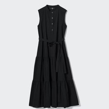Uniqlo Slub Cotton Black Sleeveless Dress Women’s Size Small EUC Pockets 