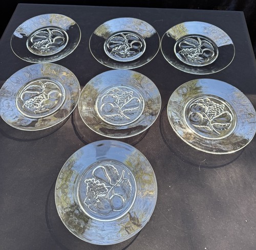 7 Vintage Imperial Glass Co. 8" Plates Clear Embossed Glass Intaglio Fruit 11/16