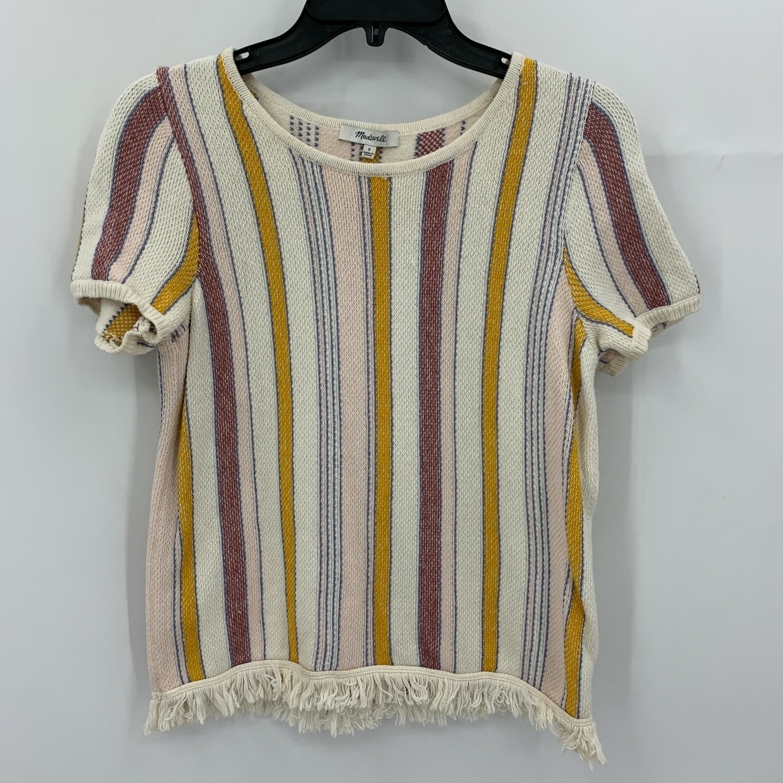 Madewell Sweater Womens Small Red Ivory Yellow Stripe Fringe Trim Boho