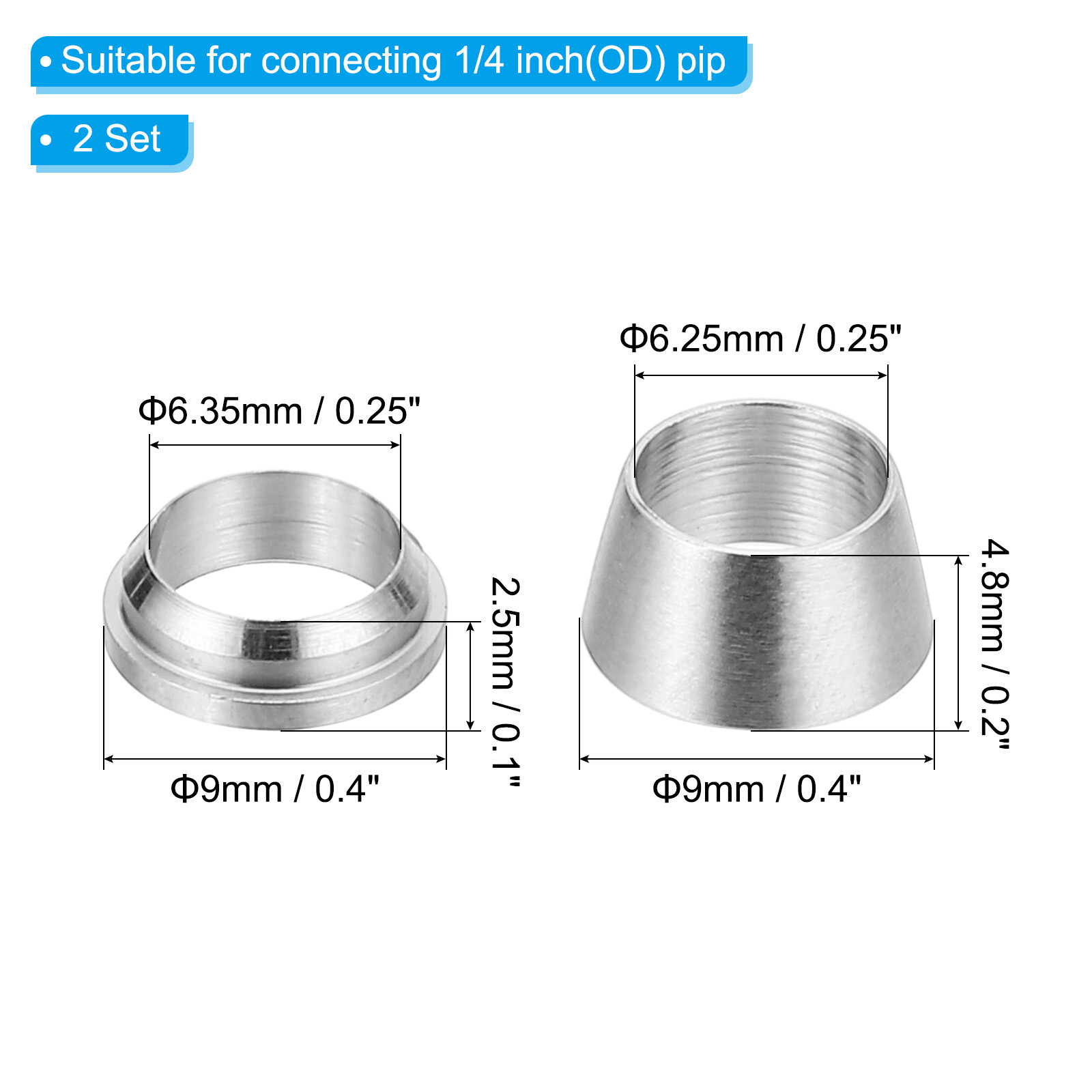 1/4" Tube OD 316 Stainless Steel Compression Tube Fitting Sleeve, 2