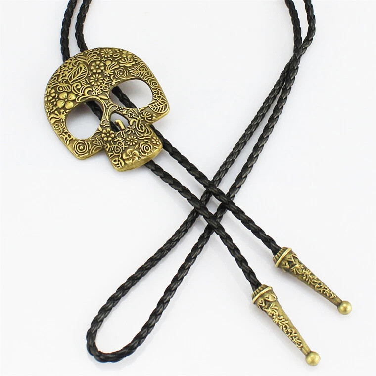 Flor Calavera Cabeza Para Hombres Bolo Corbata Boda Collar Cuero PU Cuerda Vaquero Occidental Foto 4 de 4