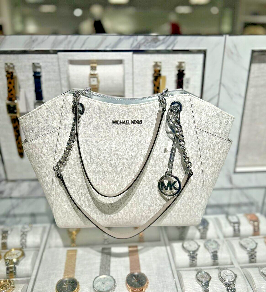 Michael Kors MK Signature Large Shoulder Tote Bag Silver White Bag