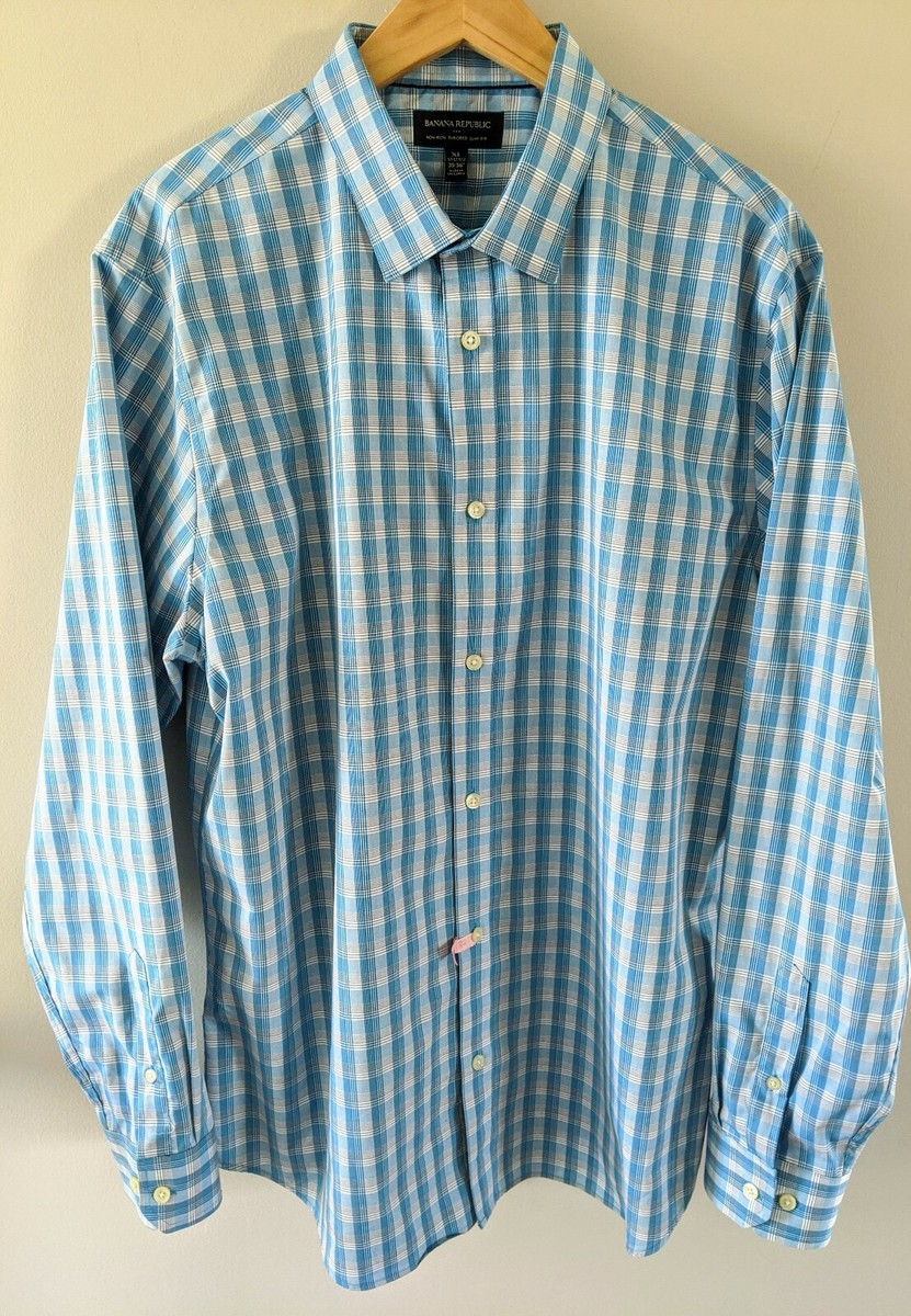 banana Republic Check Shirt ×2 Mens Banana Republic Non Iron Slim Fit Blue Check Dress Shirt Size