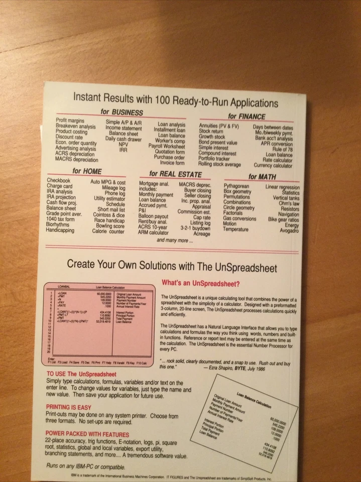 New. Unused. The UNspreadsheet. Vintage. With 100+ Ready-to-Run Applications. - Image 2 of 3