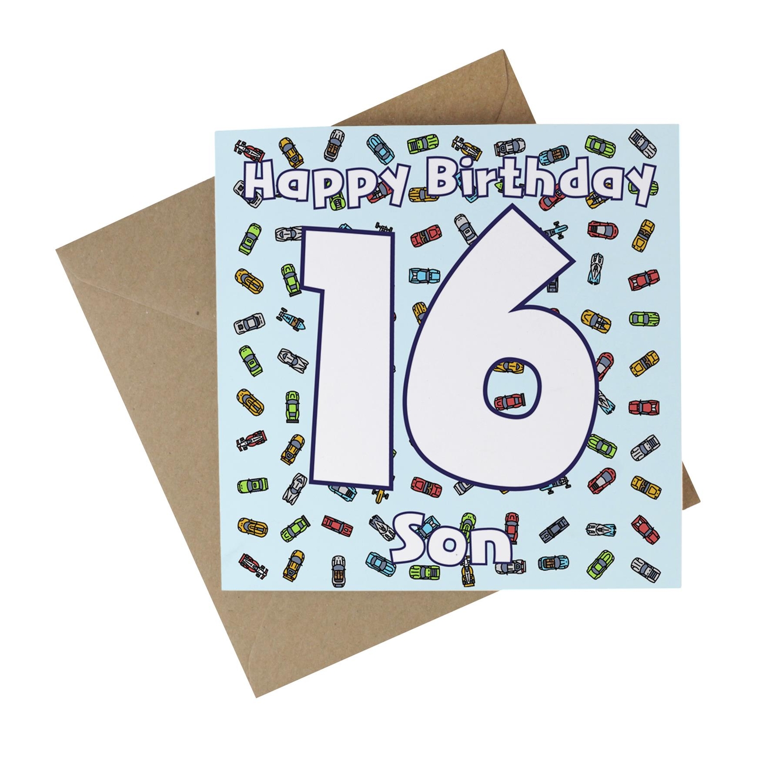 Son 16th Recycled Birthday Age Card - Race Cars Eco-Friendly Greetings Card