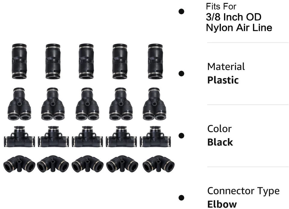 Push to Connect Fittings Nylon Air Line Pneumatic Kit Fits OD 3/8 Inch 20 Pcs - Image 2 of 4