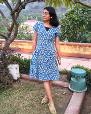 Women's Blue Floral Cotton Wrap Dress Boho Fit & Flare Summer Midi with Pockets