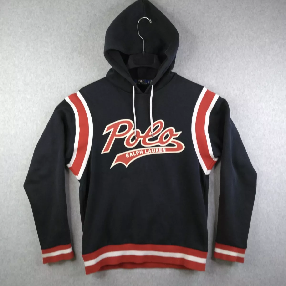 Polo Ralph Lauren Script Hoodie Size SP Navy Red Rings Stadium P Wing