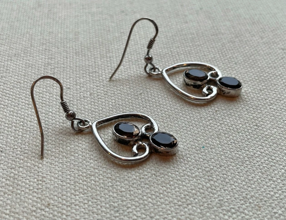 Smokey Topaz Dangle Earrings Sterling Wave Curve Vintage Steampunk Artisan 1.75" - Image 2 of 4