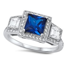 Square Blue CZ Halo Wedding Ring .925 Sterling Silver Band Sizes 4-11