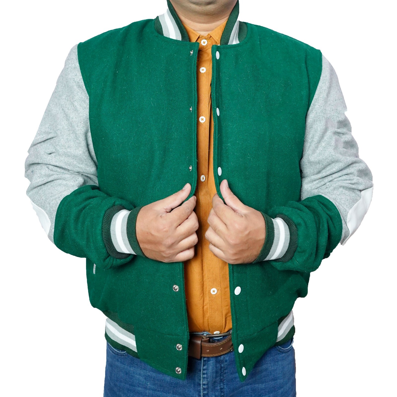 Men's New School College Baseball Bomber Green & Grey Letterman Varsity Jacket