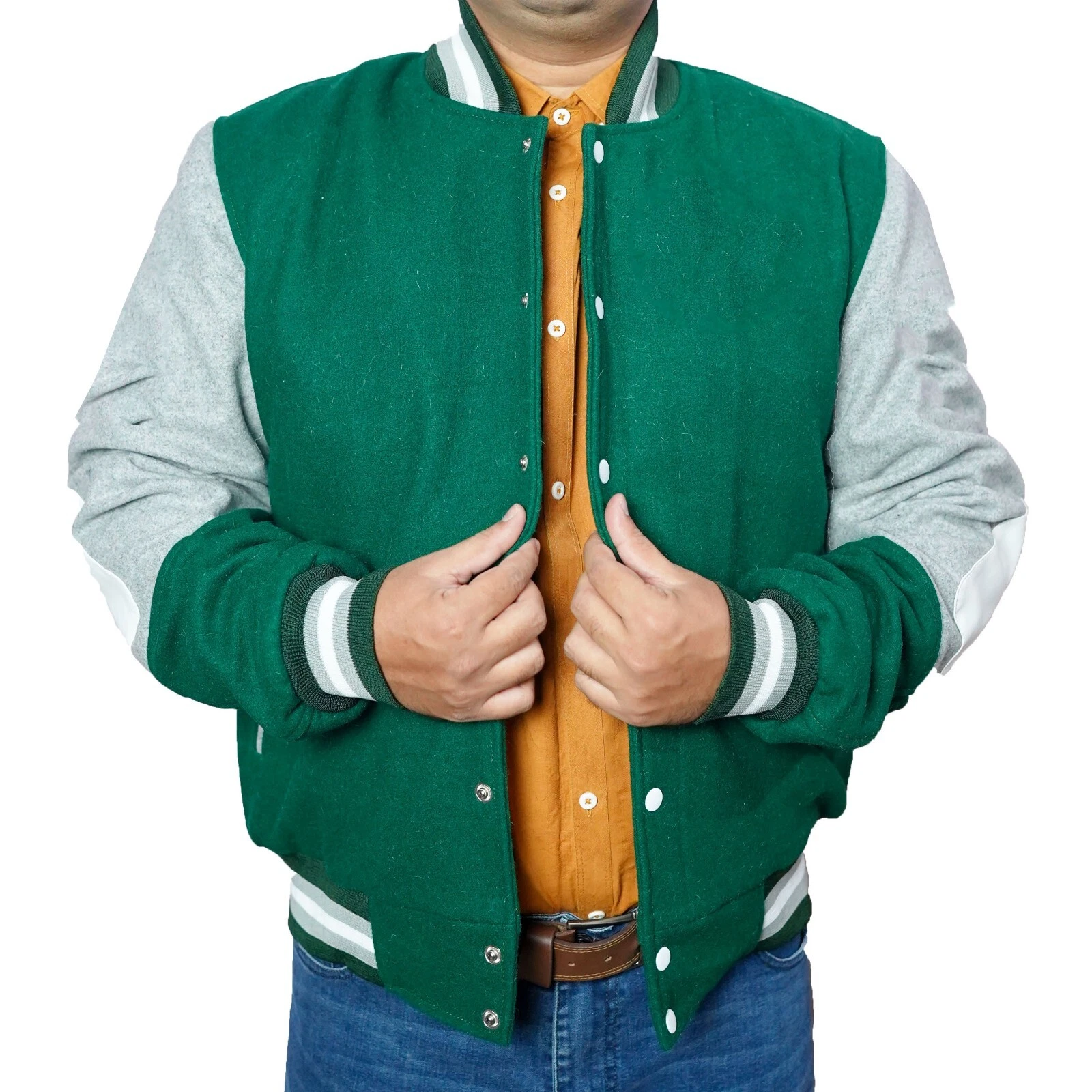 Men's New School College Baseball Bomber Green & Grey Letterman Varsity Jacket