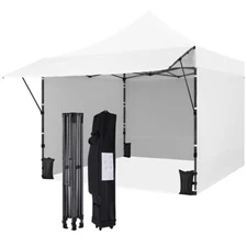10x10 Commercial Pop-up Canopy Tent with 3 Sidewalls & Adjustable Awning, White
