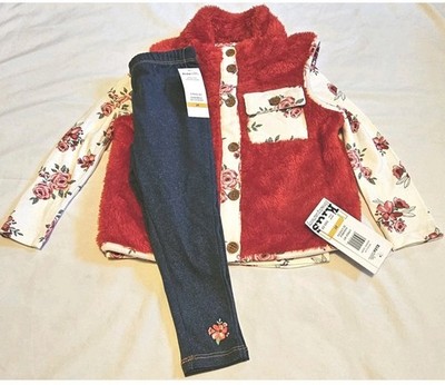 NWT Kids Headquarters Girls 6X 3piece Red/Pink Floral Shirt, Faux Fur Vest,Pants