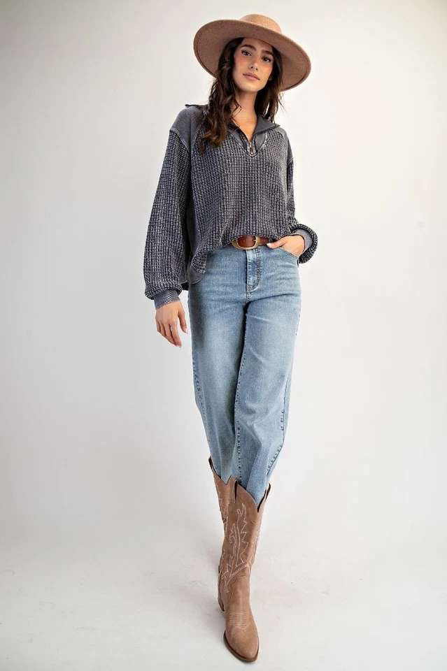 Easel Women's Thermal Waffle Knit Zip-Up Mineral Washed Top in Ash Navy - Image 3 of 4