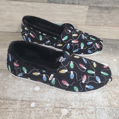 Toms Classic Womens Shoes Sz 8.5 Black Glow Lights Print Faux Fur Slip On Flat