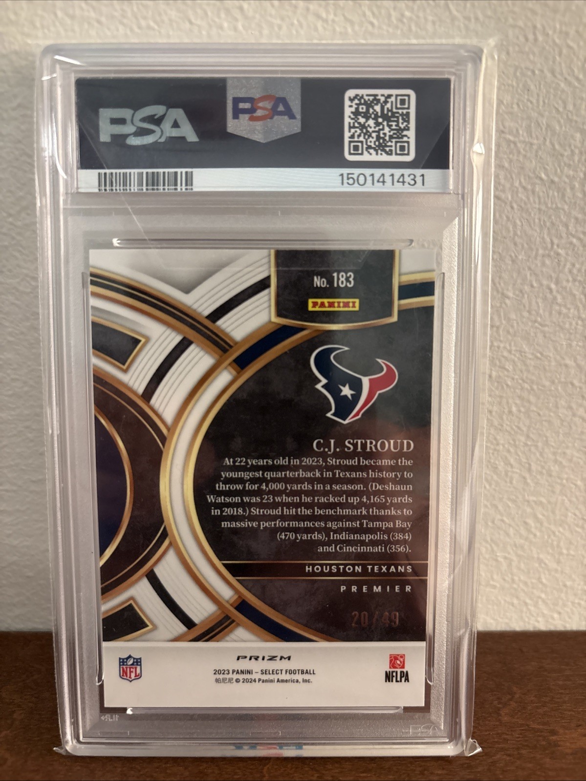 2023 Panini Select - Premier Level C.J. Stroud #183 Red Disco Prizm /49 PSA 9 view 2